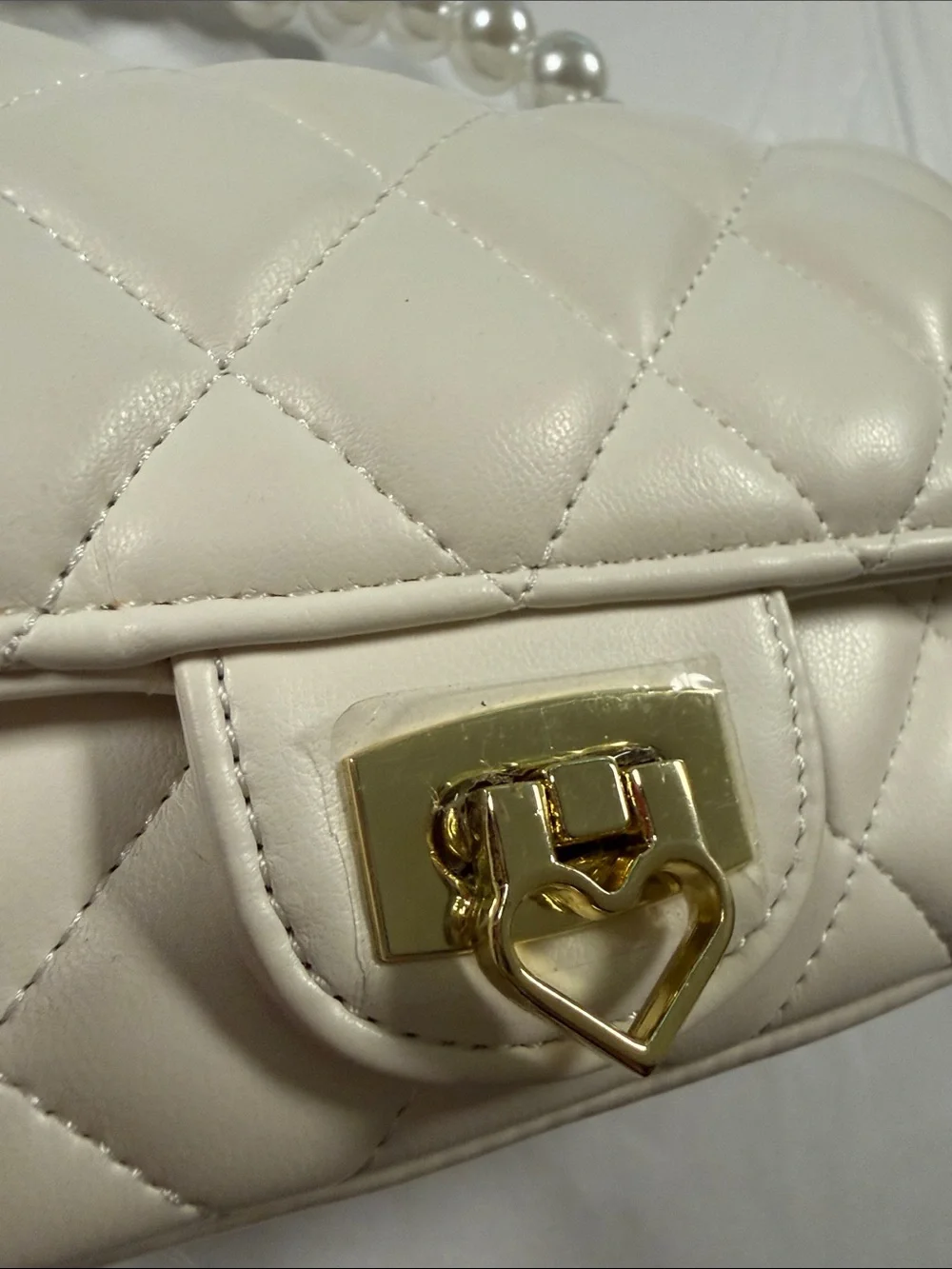 Pearl-Handle Quilted Cream Shoulder Bag